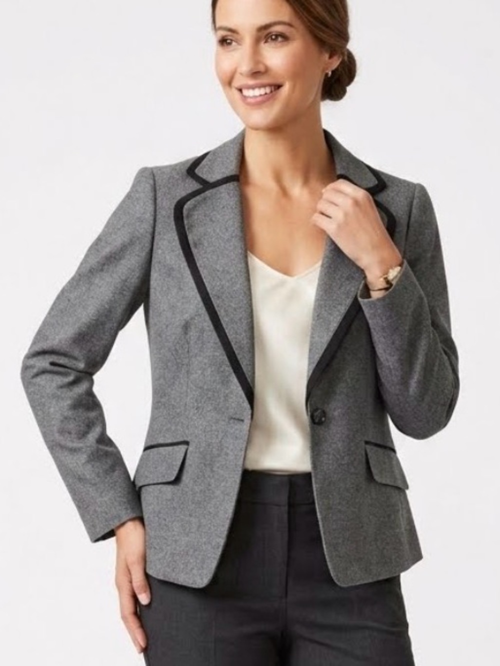 Kasper Gray Single Button Blazer Jacket Black Contrast Trim Accent Career
